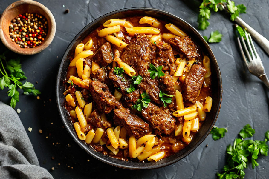 Говядина тушёная с макаронами